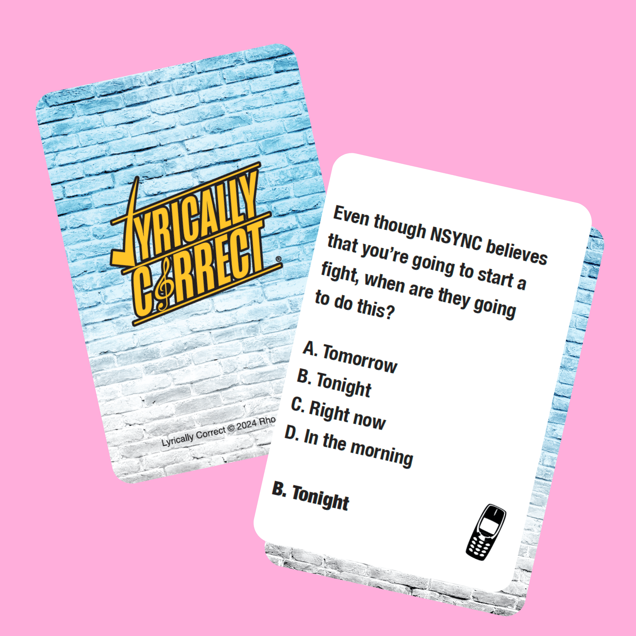 Lyrically Correct card game featuring music trivia questions about NSYNC with blue brick design